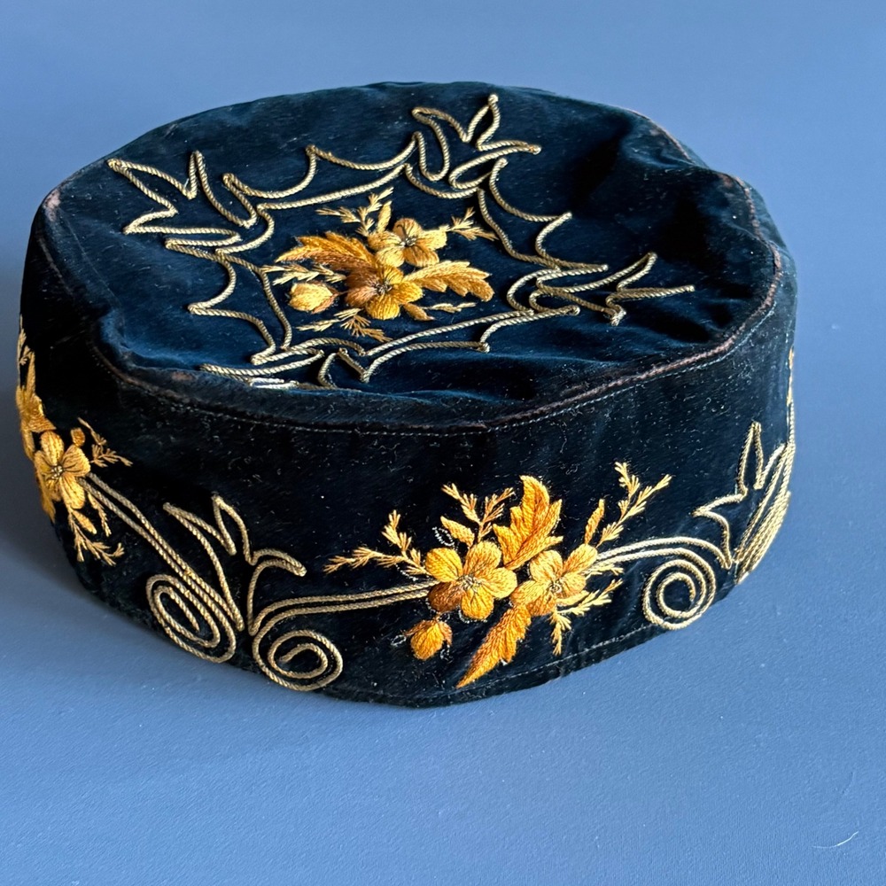 Antique Victorian Silk Velvet Smoking Cap | Size 22 | Bullion Embroidery Fez